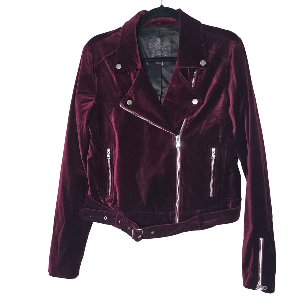 Paige Jacket Women M Dark Magenta Velvet Moto Biker 3396A99-4675 Belted Zip